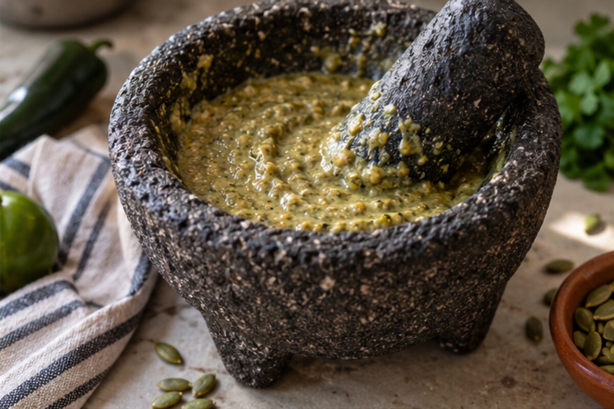 Fotografía culinaria: Del mortero al plato: una salsa espesa de semillas